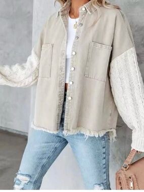 Jena Green x Apricot Lane Denim Shirt w Cable Knit Sleeves Women’s Medium